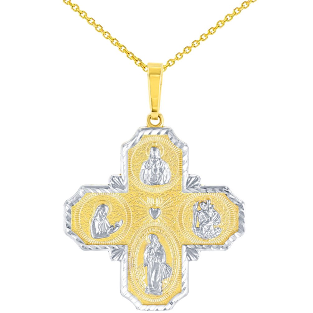 Textured 14K Yellow Gold Four Way Cross Charm I Am Catholic Please Call A Priest Pendant With Cable, Curb or Figaro Chain Necklace