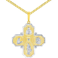 Load image into Gallery viewer, Textured 14K Yellow Gold Four Way Cross Charm I Am Catholic Please Call A Priest Pendant With Cable, Curb or Figaro Chain Necklace
