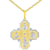 Load image into Gallery viewer, Textured 14K Yellow Gold Four Way Cross Charm I Am Catholic Please Call A Priest Pendant With Cable, Curb or Figaro Chain Necklace
