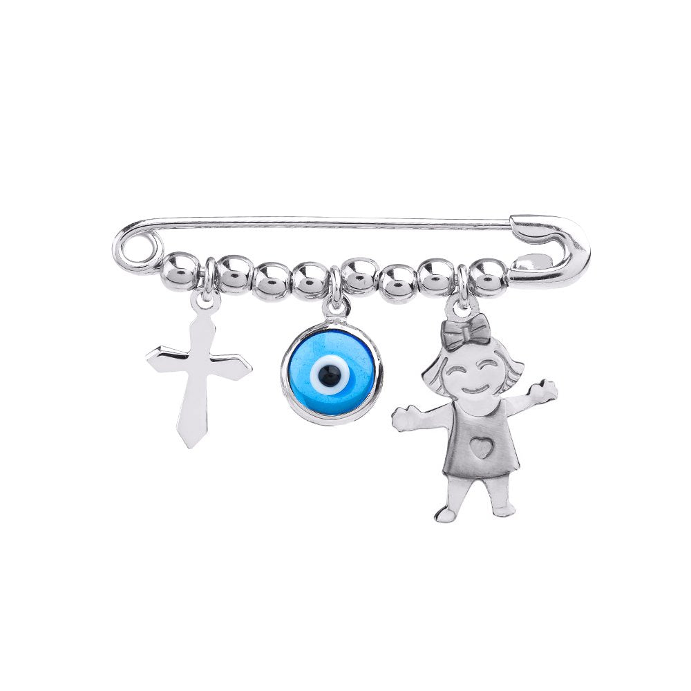 Solid 14k White Gold Girl Charm with Blue Eye and Religious Cross Safety Pin Brooch