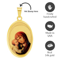 Load image into Gallery viewer, 14k Yellow Gold God Bless Us Virgin Mary and Jesus Picture Pendant with Cable, Cuban Curb, or Figaro Chain Necklaces
