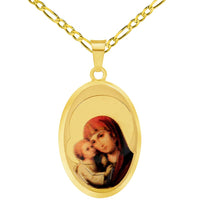 Load image into Gallery viewer, 14k Yellow Gold God Bless Us Virgin Mary and Jesus Picture Pendant with Cable, Cuban Curb, or Figaro Chain Necklaces

