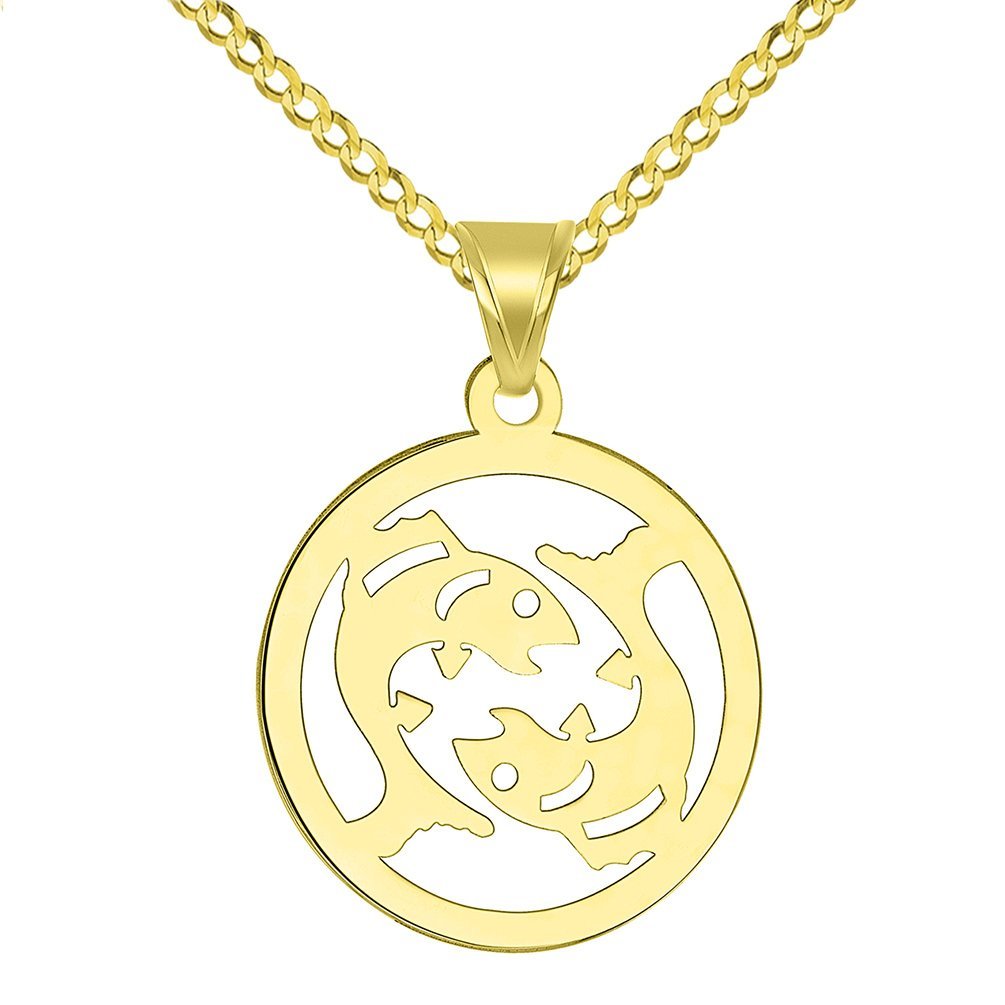 14k Yellow Gold Dainty Round Pisces Zodiac Symbol Cut-Out Fish Pendant with Cuban Chain Necklace