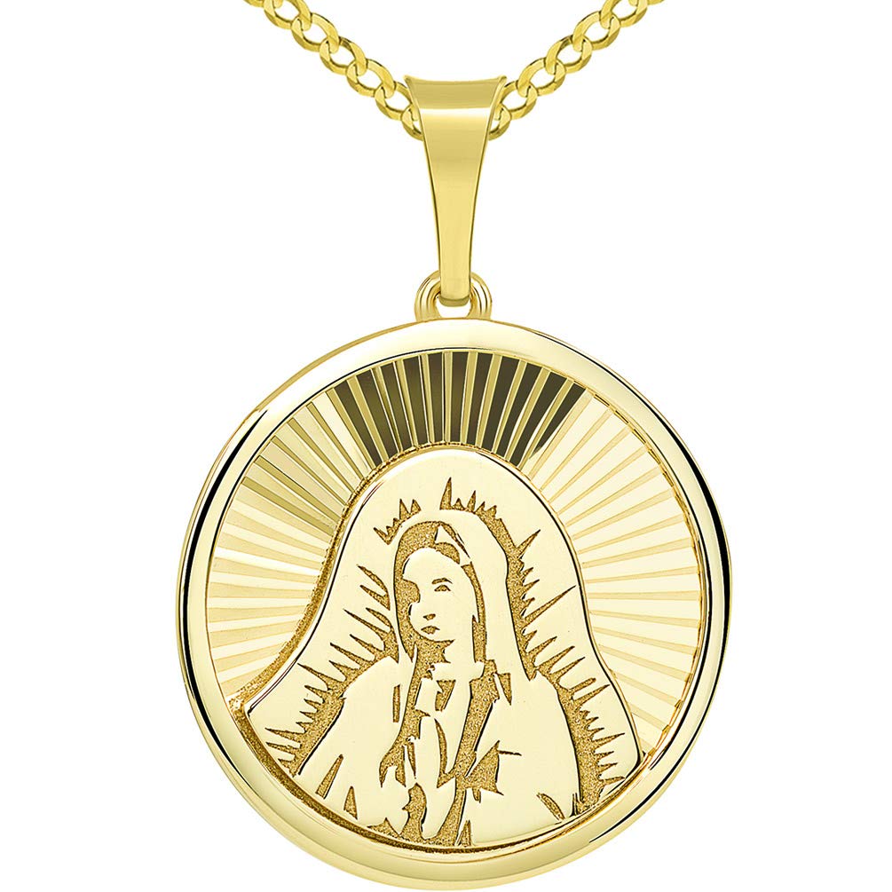 14k Gold Hand Engraved Our Lady Of Guadalupe Miraculous Round Medal Pendant with Cuban Chain Necklace - Yellow Gold
