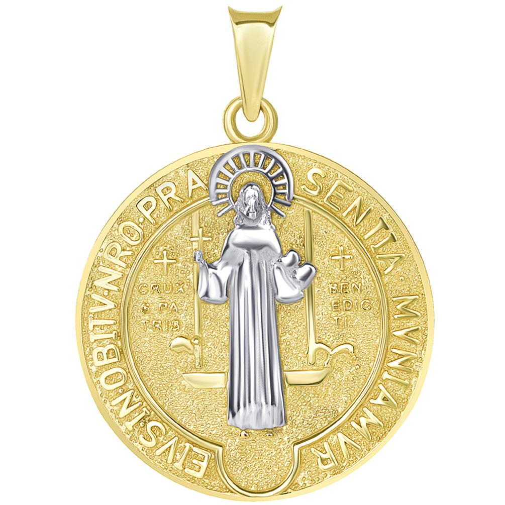Solid 14k Yellow Gold Saint Benedict of Nursia Medallion Reversible Pendant