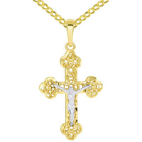 Load image into Gallery viewer, 14k Two Tone Gold Textured Filigree Eastern Orthodox Cross 3D Jesus Crucifix Pendant with Cuban Necklace
