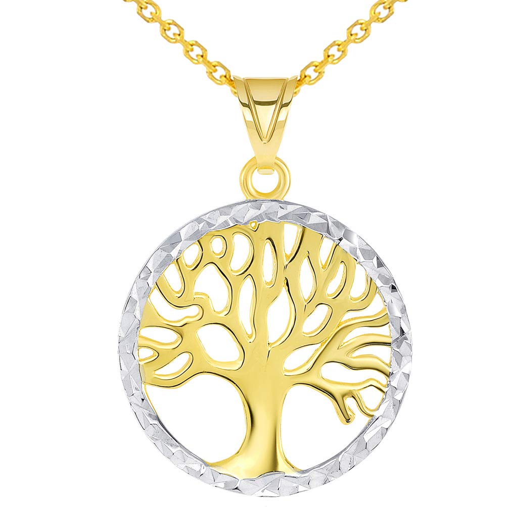 14k Gold Textured Round Two Tone Tree of Life Medal Pendant Necklace - Yellow Gold