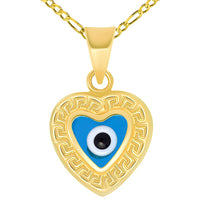 Load image into Gallery viewer, 14k Yellow Gold Greek Key Pattern Heart Shaped Blue Evil Eye Pendant Figaro Chain Necklace
