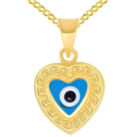 Load image into Gallery viewer, 14k Yellow Gold Greek Key Pattern Heart Shaped Blue Evil Eye Pendant Curb Chain Necklace
