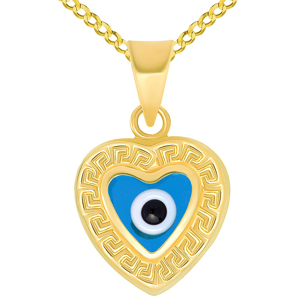 14k Yellow Gold Greek Key Pattern Heart Shaped Blue Evil Eye Pendant Curb Chain Necklace