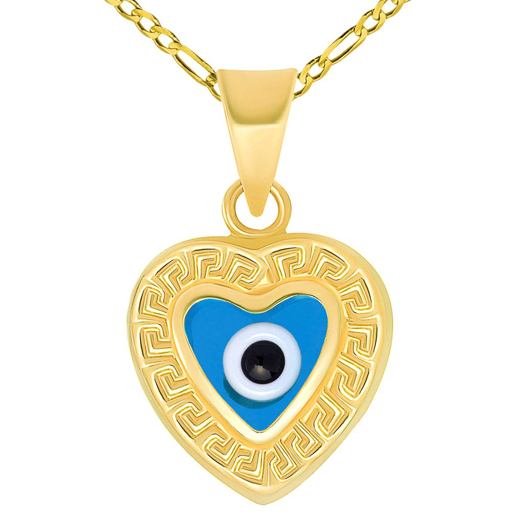 14k Yellow Gold Greek Key Pattern Heart Shaped Blue Evil Eye Pendant Figaro Chain Necklace
