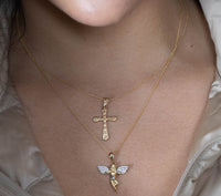 Load image into Gallery viewer, 14k Yellow Gold Guardian Angel In Love Holding Face with Micro Pave CZ Wings Pendant Figaro Chain Necklace
