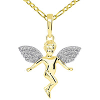 Load image into Gallery viewer, 14k Yellow Gold Floating Guardian Angel with Micro Pave CZ Wings Pendant Figaro Chain Necklace
