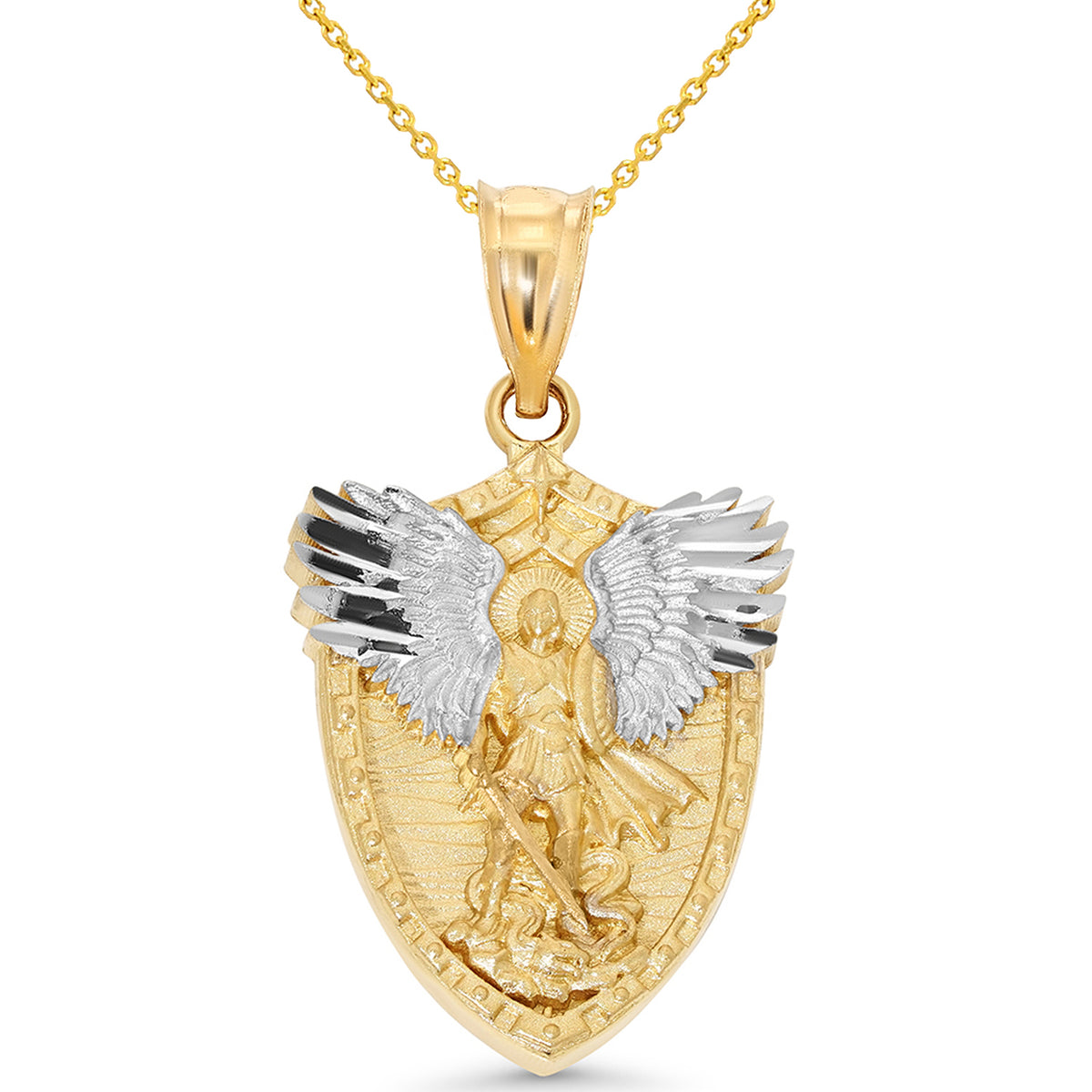14k Gold Saint Michael the Archangel Slaying Devil Shield Pendant Necklace with Rolo, Cuban or Figaro Chain