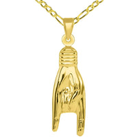 Load image into Gallery viewer, 14k Yellow Gold Hand Charm Mano Cornuto Good Luck Sign Pendant with Figaro Necklace
