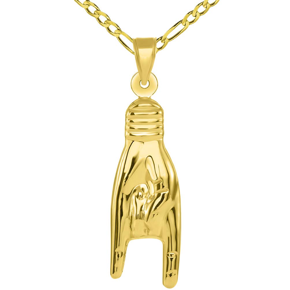 14k Yellow Gold Hand Charm Mano Cornuto Good Luck Sign Pendant with Figaro Necklace