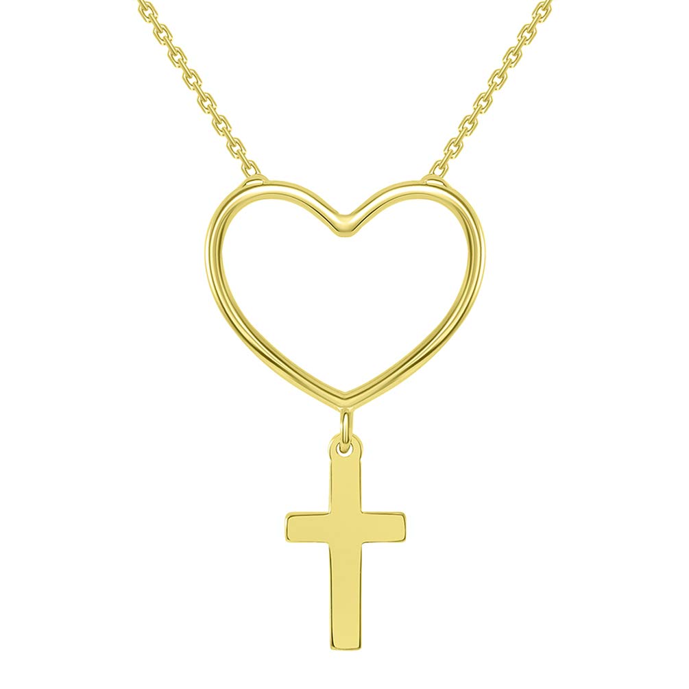 14k Yellow Gold Heart Dangle Religious Cross Charm Necklace with Lobster Claw Clasp (16" to 18" Adjustable Chain)