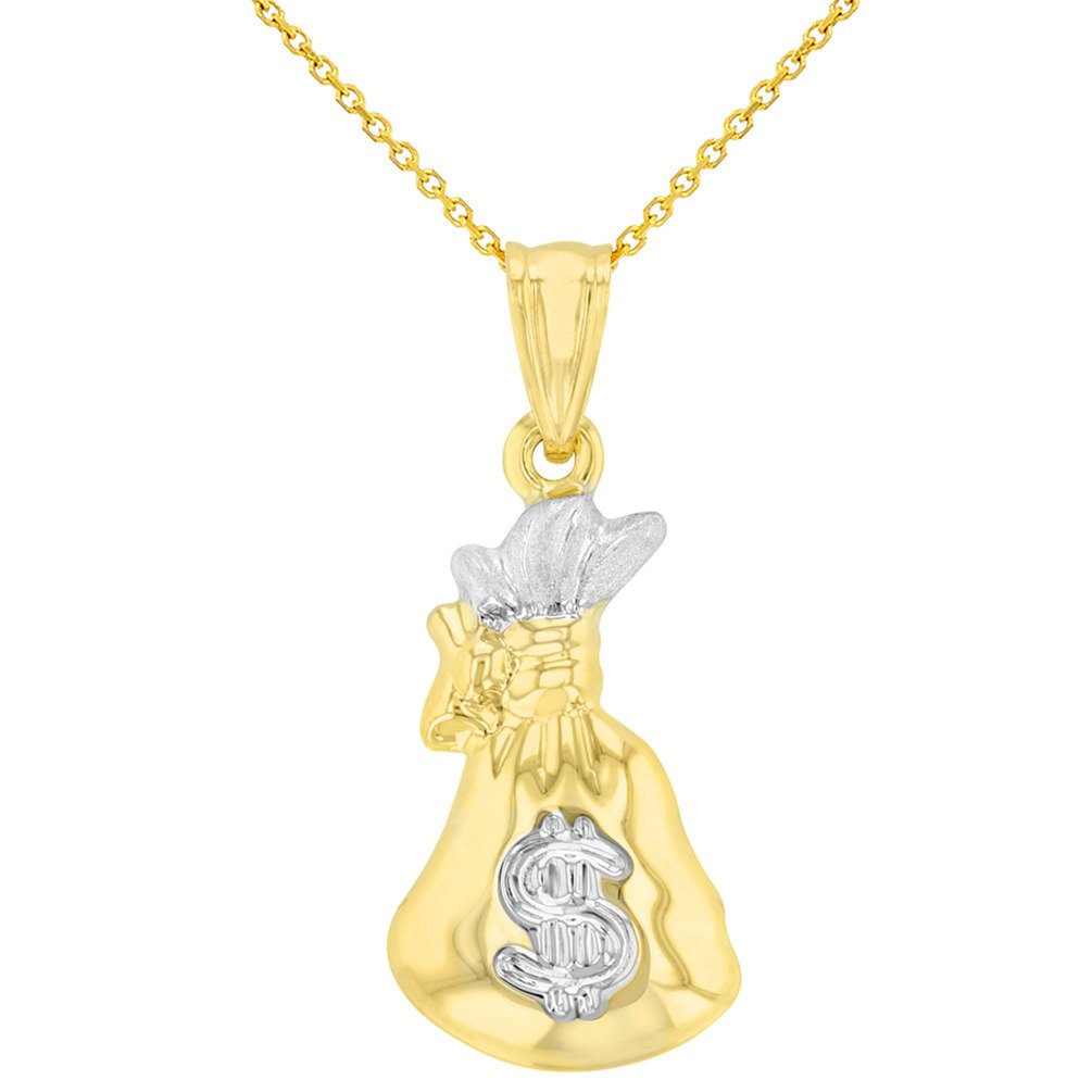 High Polish 14K Yellow Gold 3D Money Bag Charm Pendant With Cable, Curb or Figaro Chain Necklace