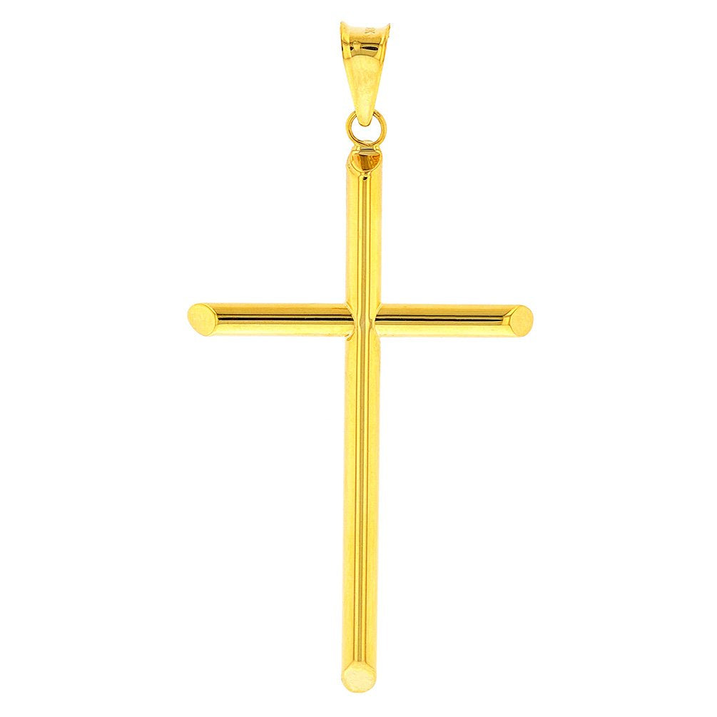 14K Yellow Gold Plain Religious Tube Cross Pendant with High Polish