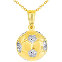 Load image into Gallery viewer, High Polish 14K Yellow Gold Soccer 3D Ball Charm Futbol Sports Pendant with Cable, Curb, or Figaro Chain Necklaces
