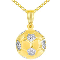Load image into Gallery viewer, High Polish 14K Yellow Gold Soccer 3D Ball Charm Futbol Sports Pendant with Cable, Curb, or Figaro Chain Necklaces
