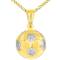 Load image into Gallery viewer, High Polish 14K Yellow Gold Soccer 3D Ball Charm Futbol Sports Pendant with Cable, Curb, or Figaro Chain Necklaces
