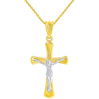 Load image into Gallery viewer, High Polish 14K Two Tone Gold Textured Cross Passion Crucifix Pendant Necklace
