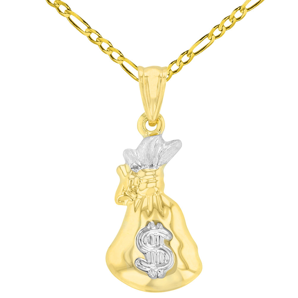 High Polish 14K Yellow Gold 3D Money Bag Charm Pendant with Figaro Chain Necklace