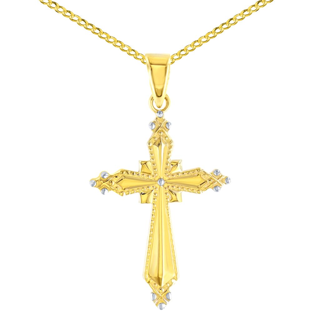 High Polish 14K Yellow Gold Milgrain Cross Pendant Cuban Chain Necklace