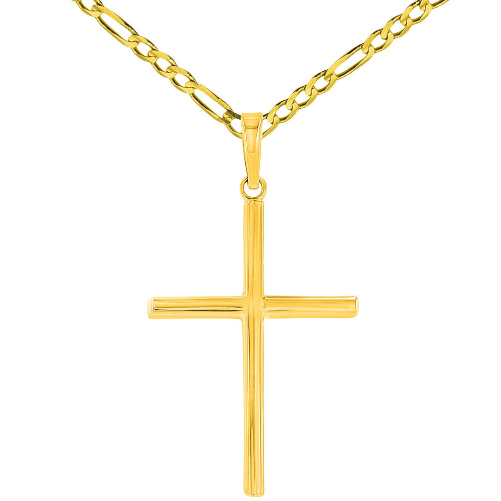 High Polished 14K Gold Plain Slender 3D Cross Pendant with Chain Necklace - Yellow Gold