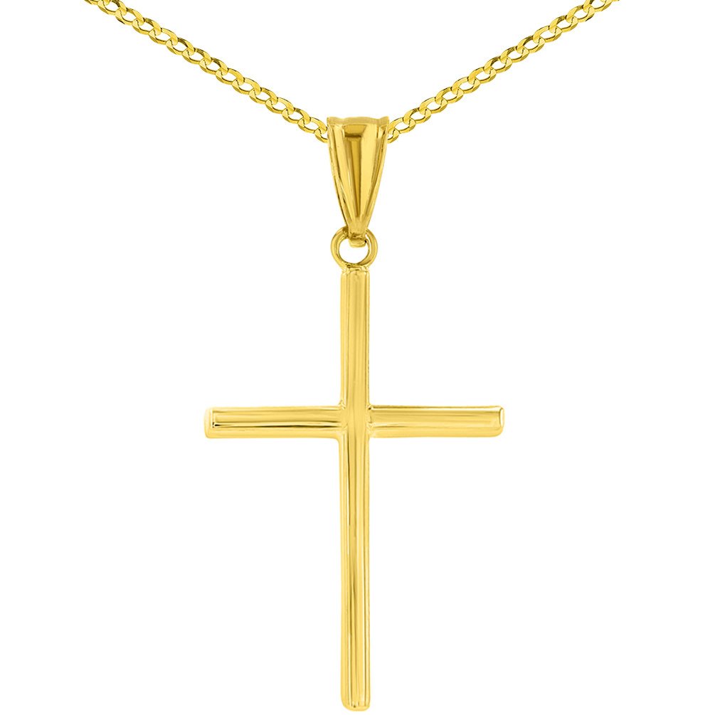 High Polished 14K Yellow Gold Plain and Slender Cross Pendant with Chain Necklace