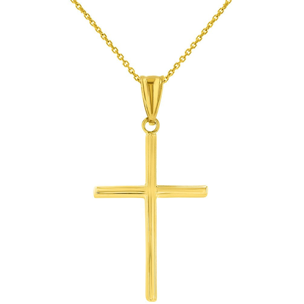 High Polished 14K Yellow Gold Plain Slender Cross Pendant with Chain Necklace