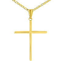 Load image into Gallery viewer, High Polished Unique Handcrafted 14K Yellow Gold Plain Slender Large Cross Pendant with Figaro Chain Necklace
