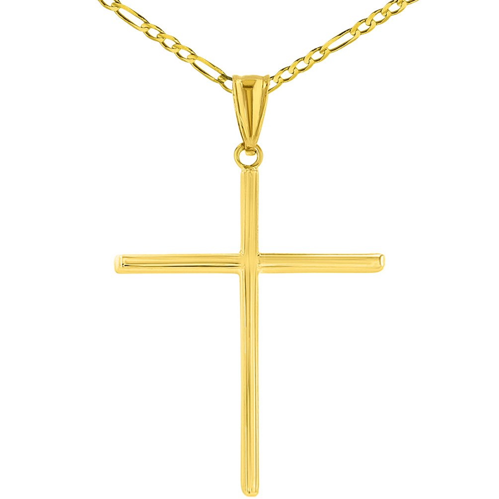 High Polished Unique Handcrafted 14K Yellow Gold Plain Slender Large Cross Pendant with Figaro Chain Necklace