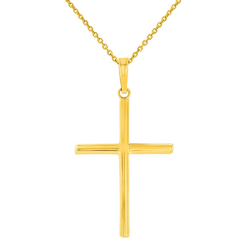 High Polished 14K Yellow Gold Slender Cross Pendant with Chain Necklace