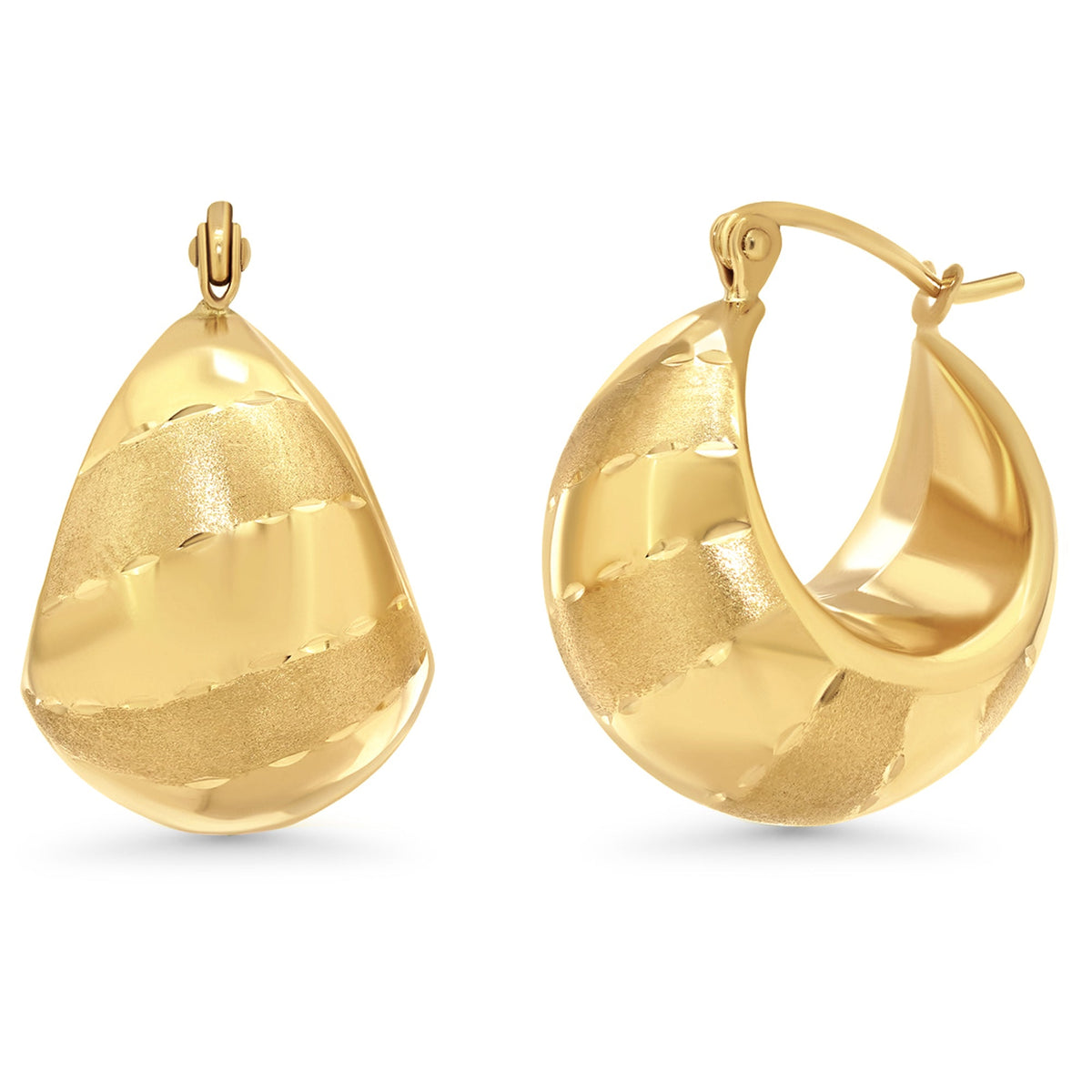 14k Yellow Gold Bold Dome Hoop Earrings with Latch Back - High Polished and Satin Finish