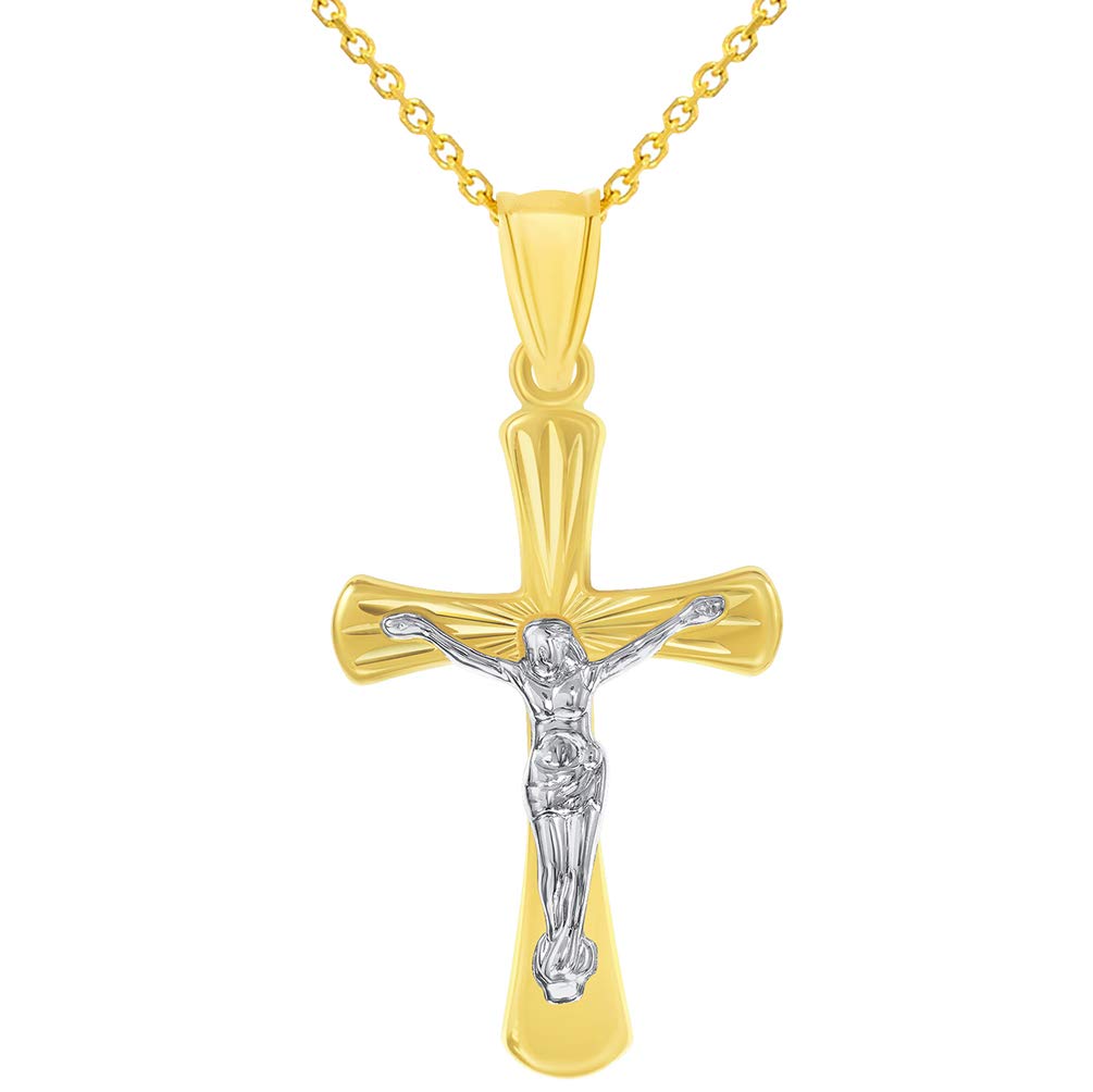 14k Gold High Polished Textured Religious Cross Jesus Crucifix Pendant Necklace - Two-Tone