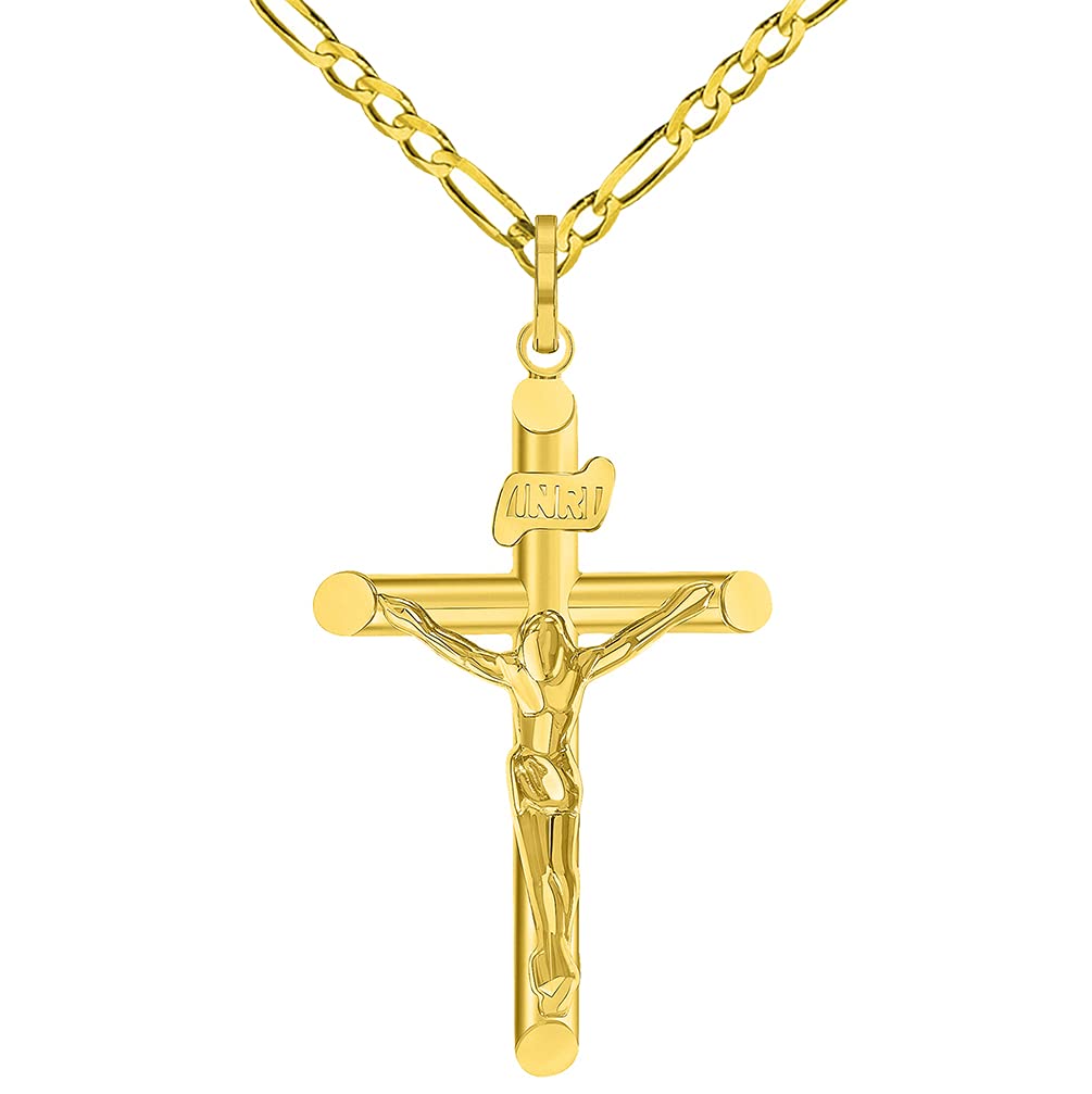 14k Yellow Gold INRI Tubular Cross Charm Traditional Roman Catholic Crucifix Pendant Figaro Chain Necklace