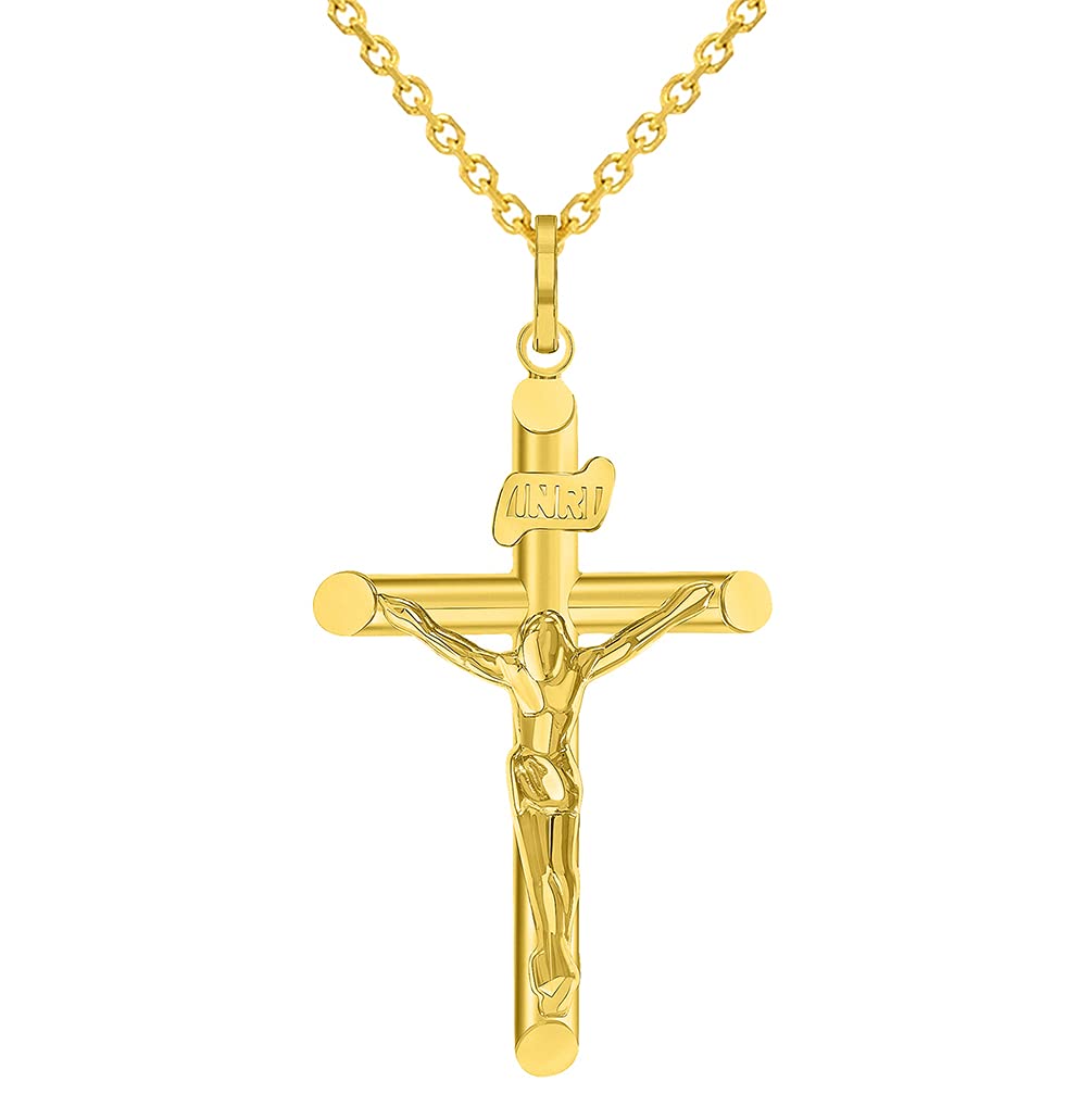 14k Yellow Gold INRI Tubular Cross Charm Traditional Roman Catholic Crucifix Pendant With Cable, Curb or Figaro Chain Necklace