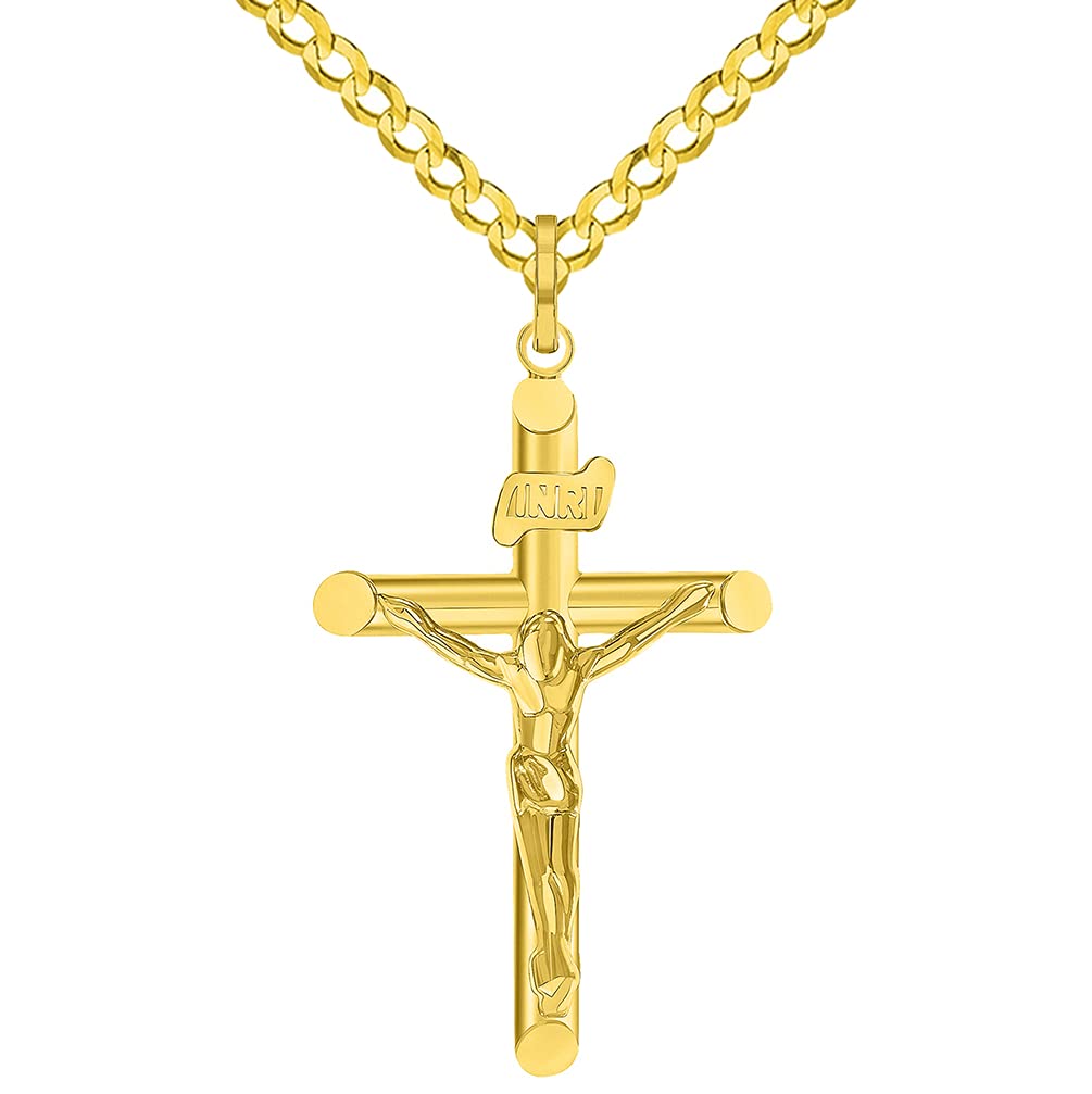 Offers 14k solid gold crucifix pendant. Religious pendant.