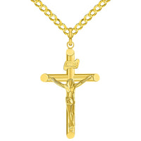 Load image into Gallery viewer, 14k Yellow Gold INRI Tubular Cross Charm Traditional Roman Catholic Crucifix Pendant Cuban Curb Chain Necklace
