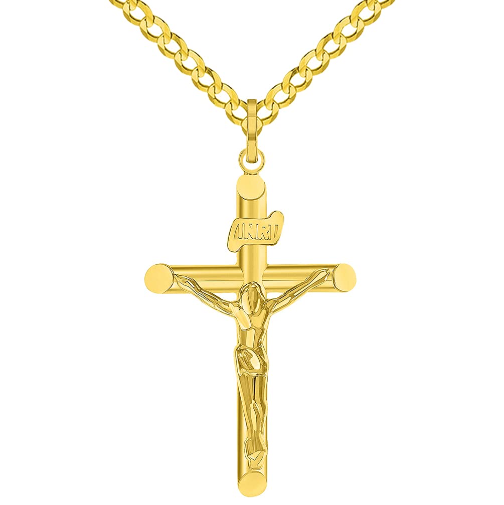 14k Yellow Gold INRI Tubular Cross Charm Traditional Roman Catholic Crucifix Pendant Cuban Curb Chain Necklace