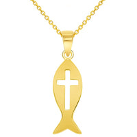 Load image into Gallery viewer, 14k Yellow Gold Ichthus Cut-Out Cross Charm Christian Fish Symbol Pendant Cable, Curb, or Figaro Chain Necklaces
