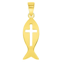 Load image into Gallery viewer, 14k Yellow Gold Ichthus Cut-Out Cross Charm Christian Fish Symbol Pendant Cable, Curb, or Figaro Chain Necklaces
