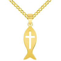 Load image into Gallery viewer, 14k Yellow Gold Ichthus Cut-Out Cross Charm Christian Fish Symbol Pendant Cable, Curb, or Figaro Chain Necklaces
