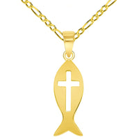 Load image into Gallery viewer, 14k Yellow Gold Ichthus Cut-Out Cross Charm Christian Fish Symbol Pendant Cable, Curb, or Figaro Chain Necklaces

