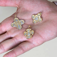 Load image into Gallery viewer, 14K Gold Four Way Cross Charm I Am Catholic Please Call A Priest Pendant with Texture - Yellow Gold
