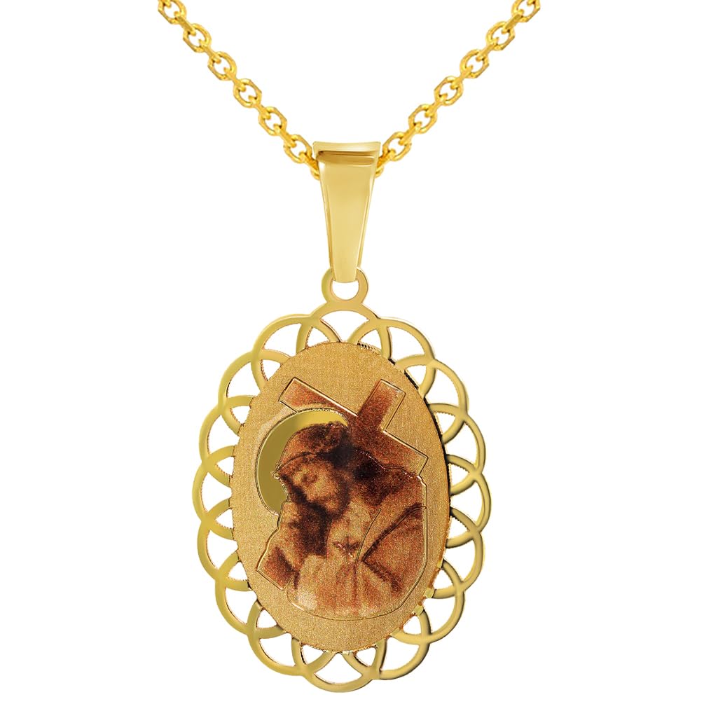 14k Yellow Gold Jesus Christ Carrying the Cross Oval Picture Medal Pendant with Rolo Cable, Cuban Curb, or Figaro Chain Necklace