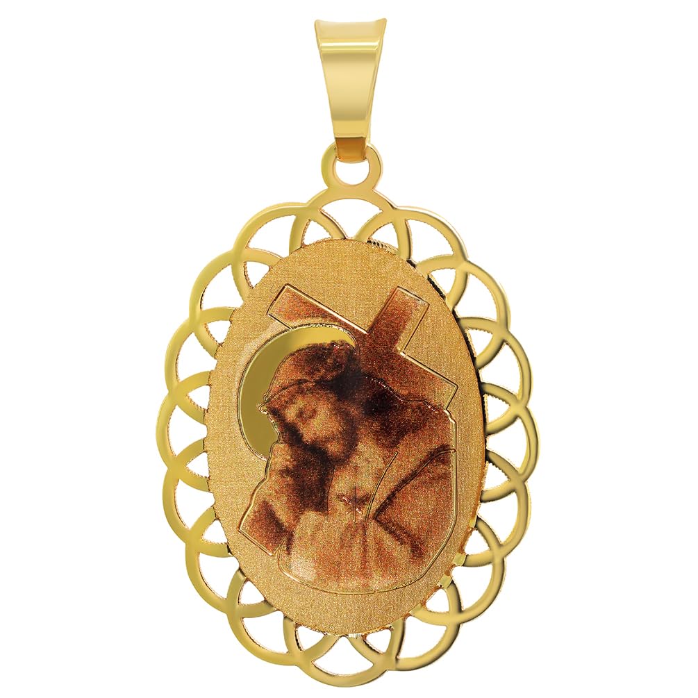 14k Yellow Gold Jesus Christ Carrying the Cross Oval Picture Medal Pendant