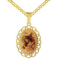 Load image into Gallery viewer, 14k Yellow Gold Jesus Christ Carrying the Cross Oval Picture Medal Pendant with Rolo Cable, Cuban Curb, or Figaro Chain Necklace
